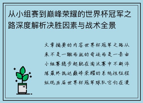 从小组赛到巅峰荣耀的世界杯冠军之路深度解析决胜因素与战术全景