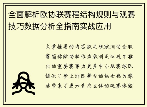 全面解析欧协联赛程结构规则与观赛技巧数据分析全指南实战应用